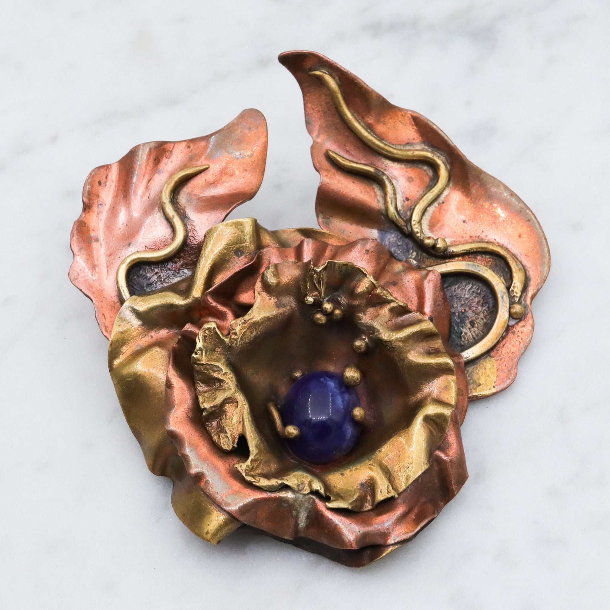 Large 80's brass & copper handmade brooch with sodalite center